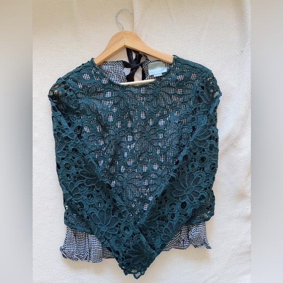 Anthropologie Maeve Elegant Teal Lace Gingham Women Top - Picture 6 of 10